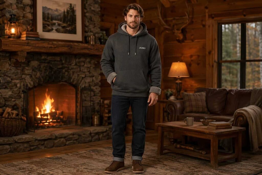 Classic brushed fleece charcoal gray pullover hoodie — JIUMU heavyweight hoodie with plush brushed interior, kangaroo pocket, custom bulk OEM
