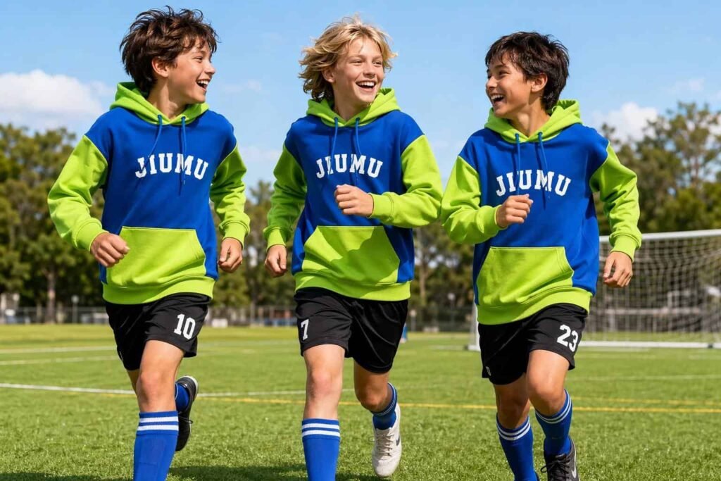 Electric blue and lime green color-block youth pullover hoodie — JIUMU kids sports team hoodie, bold contrast sleeves, safety aglets, bulk OEM