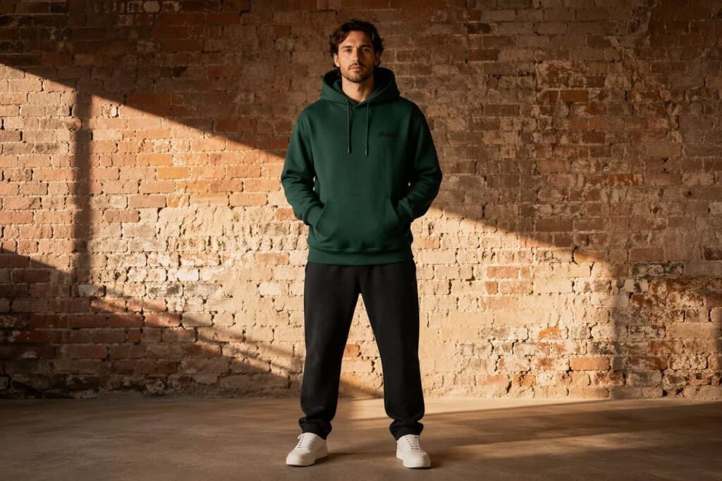 Forest green garment-dyed heavyweight 450GSM pullover hoodie — JIUMU built-to-last premium hoodie with kangaroo pocket, double-needle stitching, bulk OEM