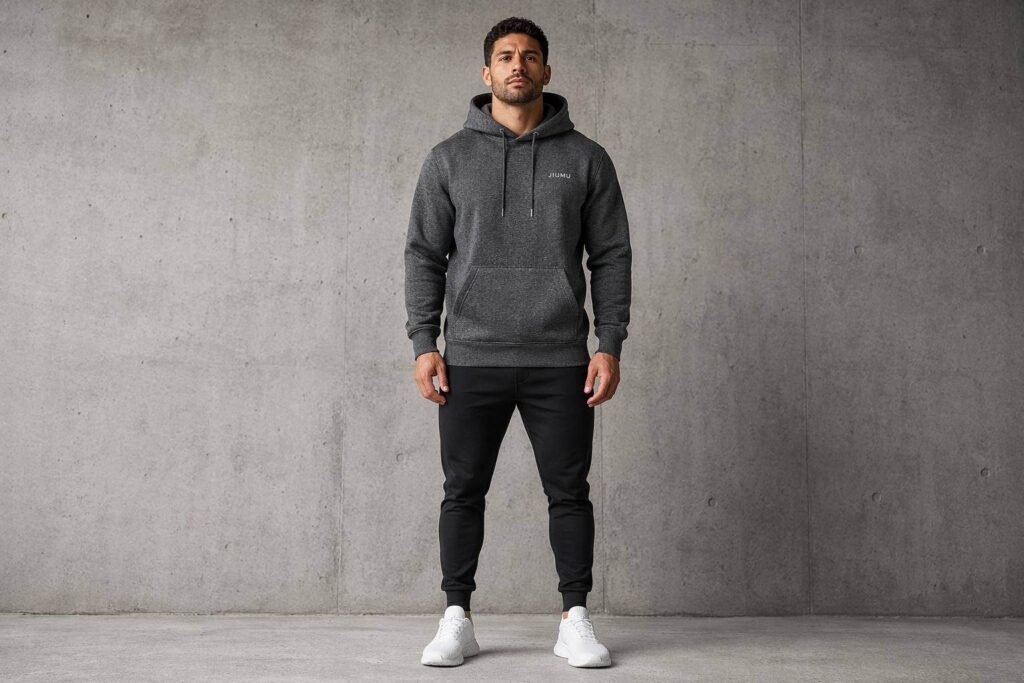 Heathered charcoal gray custom pullover hoodie with JIUMU embroidered logo — heavyweight team hoodie with kangaroo pocket and drawstring hood for corporate and sports team apparel