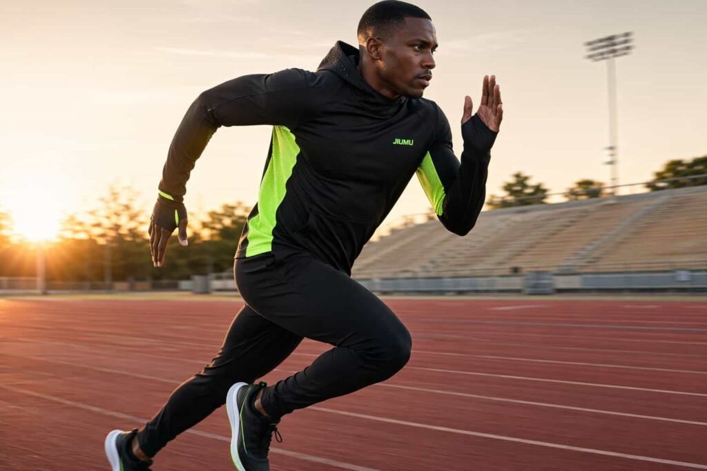 Black and volt green mesh panel performance pullover hoodie — JIUMU elite training hoodie with moisture-wicking micro-mesh, laser-cut ventilation, thumbhole cuffs, bulk OEM
