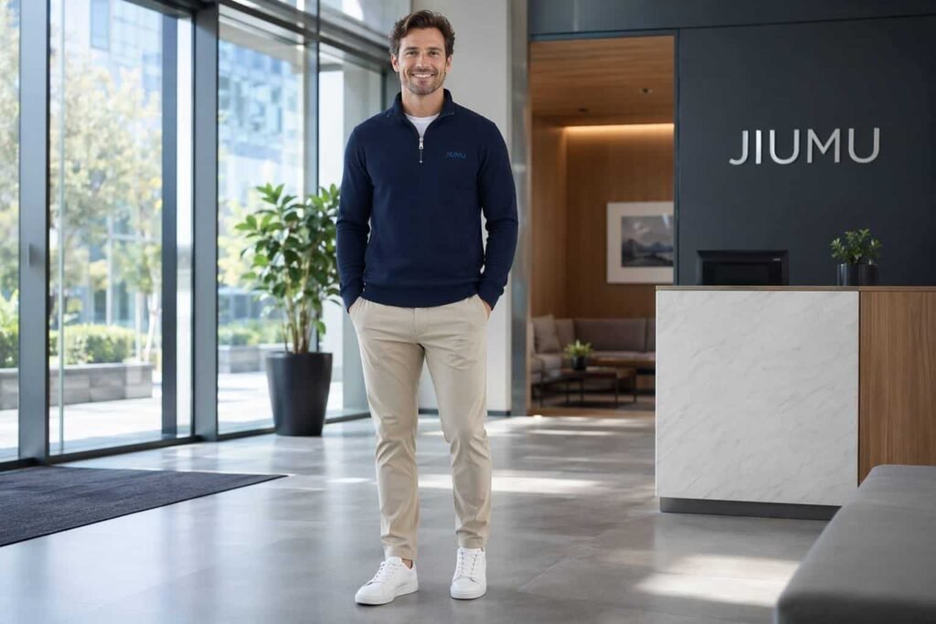 Navy blue polo-collar corporate zip-up hoodie — JIUMU business casual uniform hoodie with quarter-zip, structured collar, tonal branding, bulk OEM