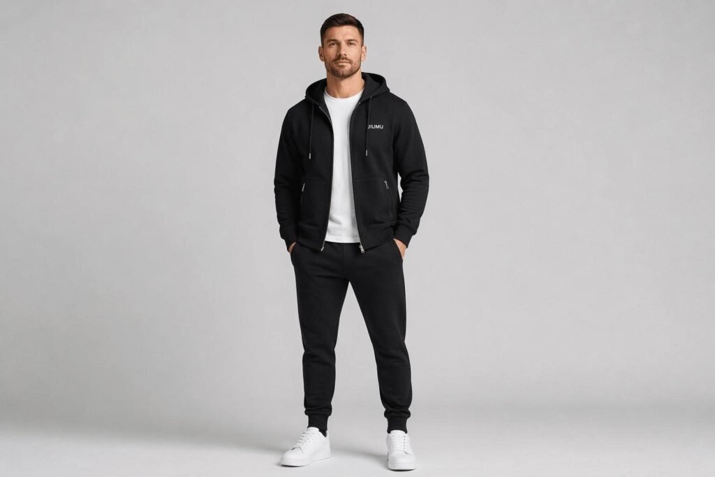 Black custom zip-up hoodie with full front zipper and JIUMU embroidered logo — heavyweight uniform hoodie with side pockets
