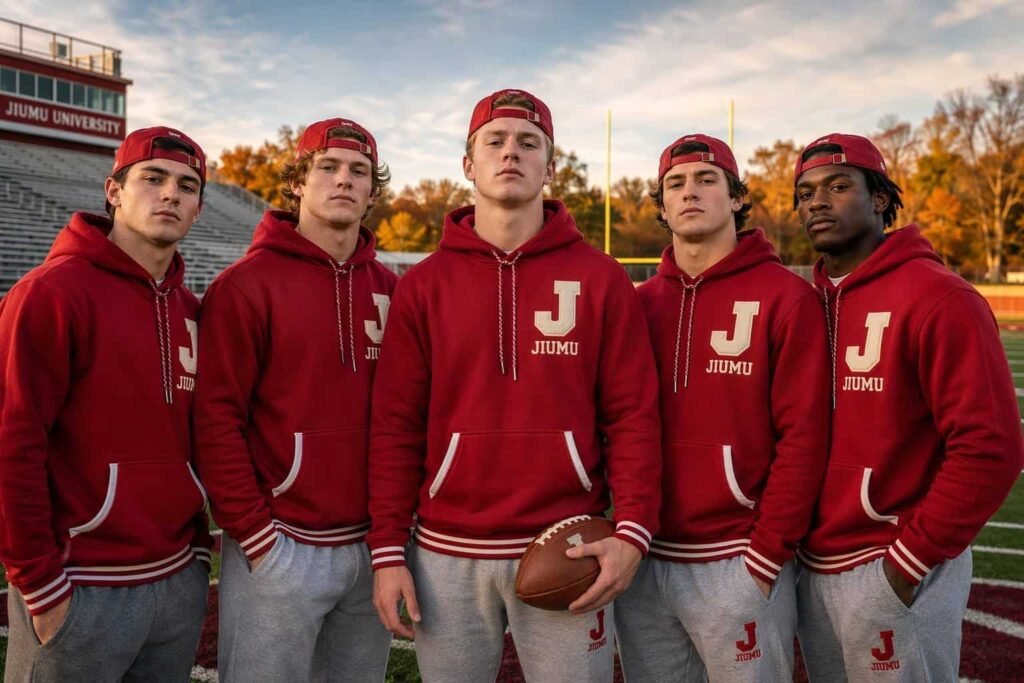 Cardinal red varsity letterman pullover team hoodie with felt letter patch — JIUMU collegiate team hoodie, letterman style, bulk OEM