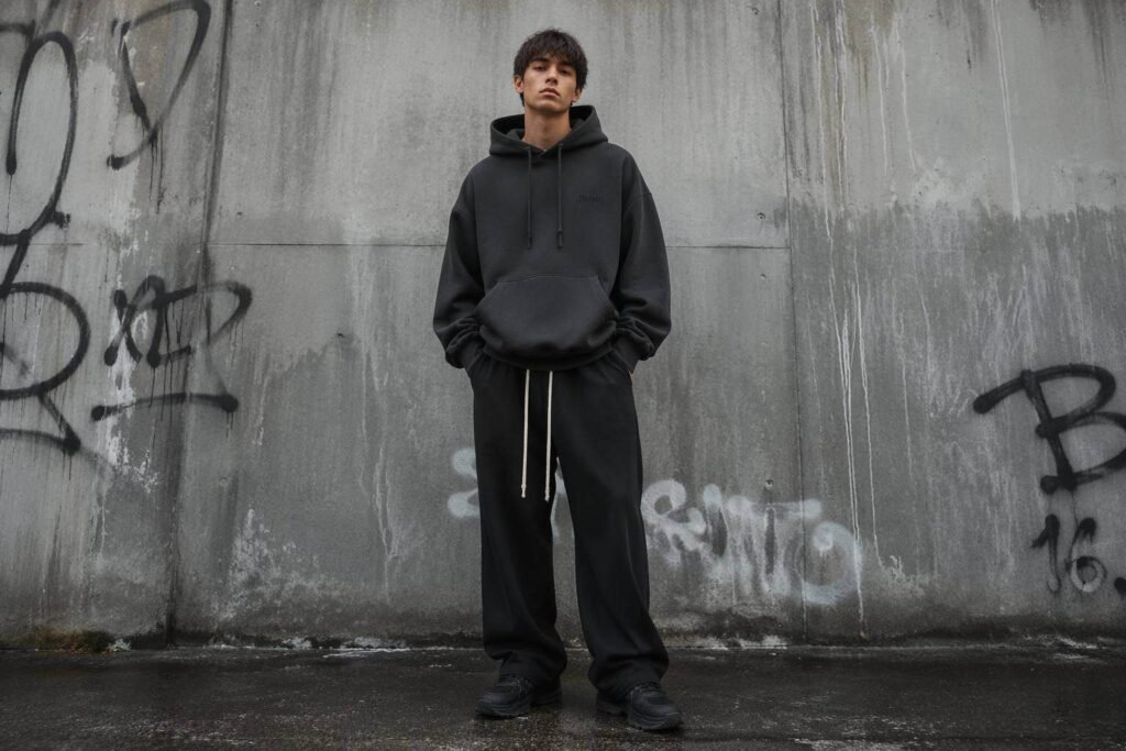 Washed black oversized heavyweight pullover hoodie with dropped shoulders — JIUMU streetwear hoodie, oversized kangaroo pocket, double-layer hood, bulk custom OEM