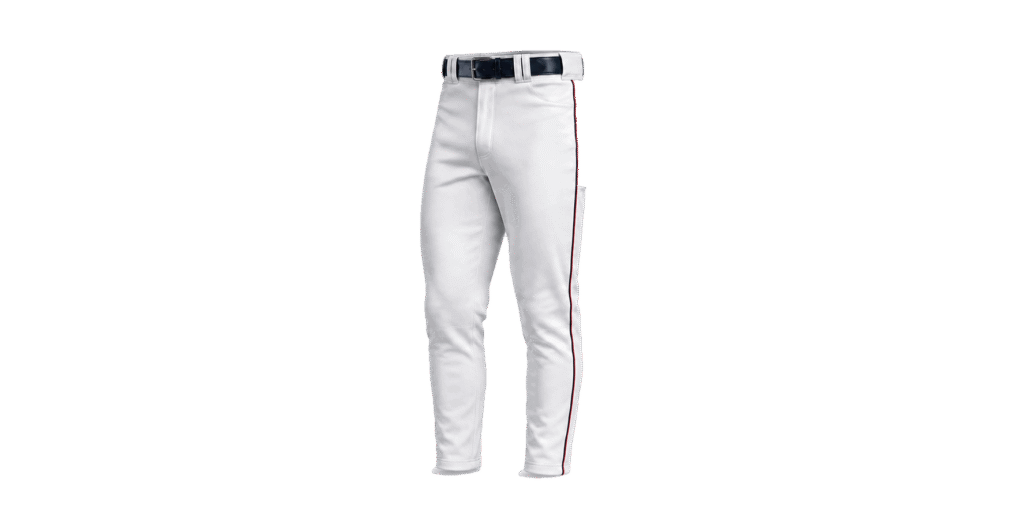 Custom white baseball pants with belt loops, navy belt and red navy side piping for youth and adult baseball team uniforms.