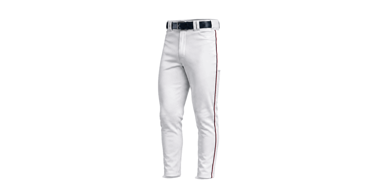 Custom white baseball pants with belt loops, navy belt and red navy side piping for youth and adult baseball team uniforms.