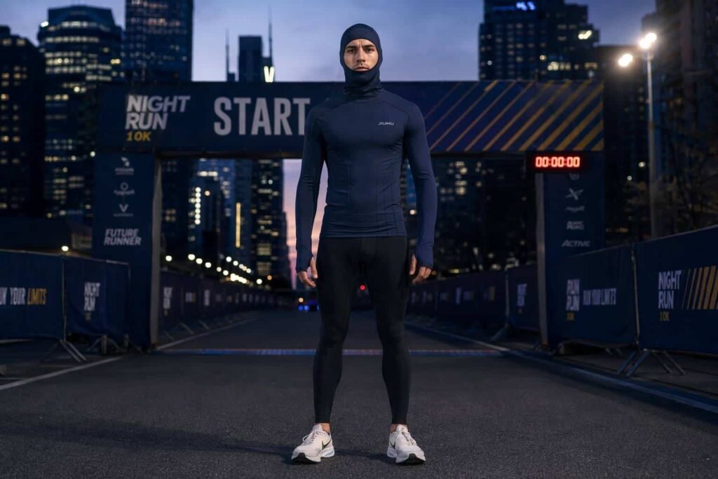 Midnight navy compression-fit performance pullover hoodie — JIUMU elite running hoodie with body-mapping construction, balaclava hood, back zip pocket, bulk OEM