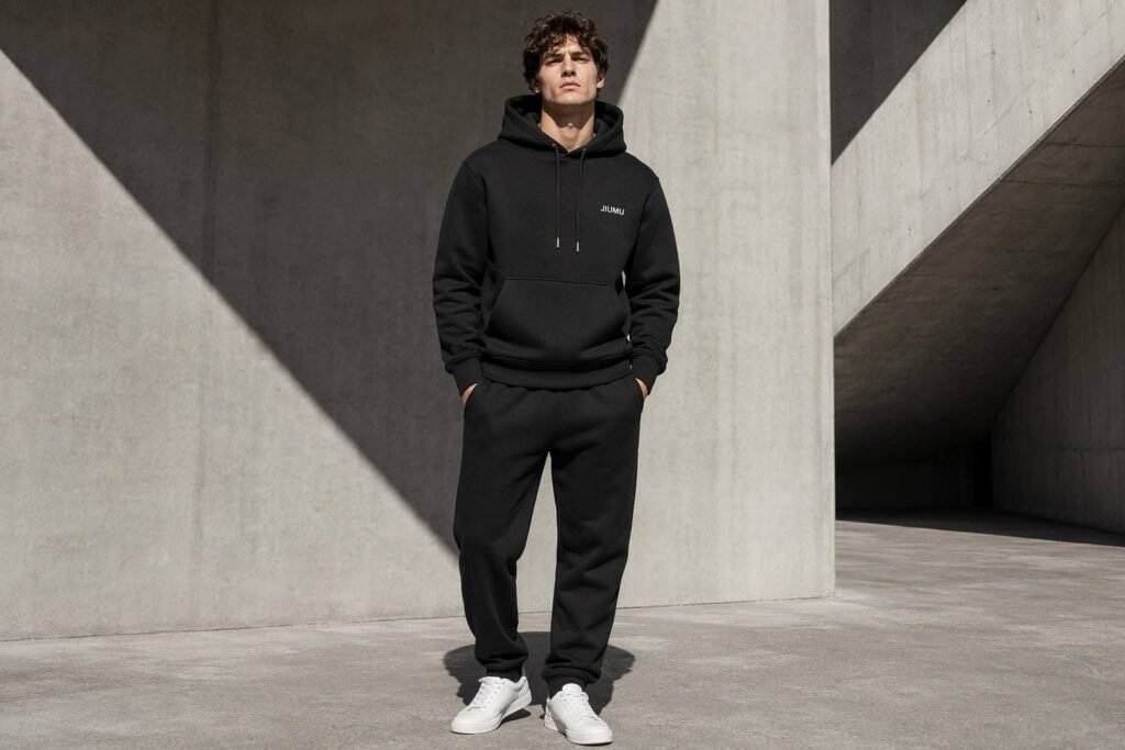 Black cross-grain heavyweight 460GSM pullover hoodie — JIUMU architectural structure hoodie, zero-twist fabric, kangaroo pocket, premium blank, bulk OEM
