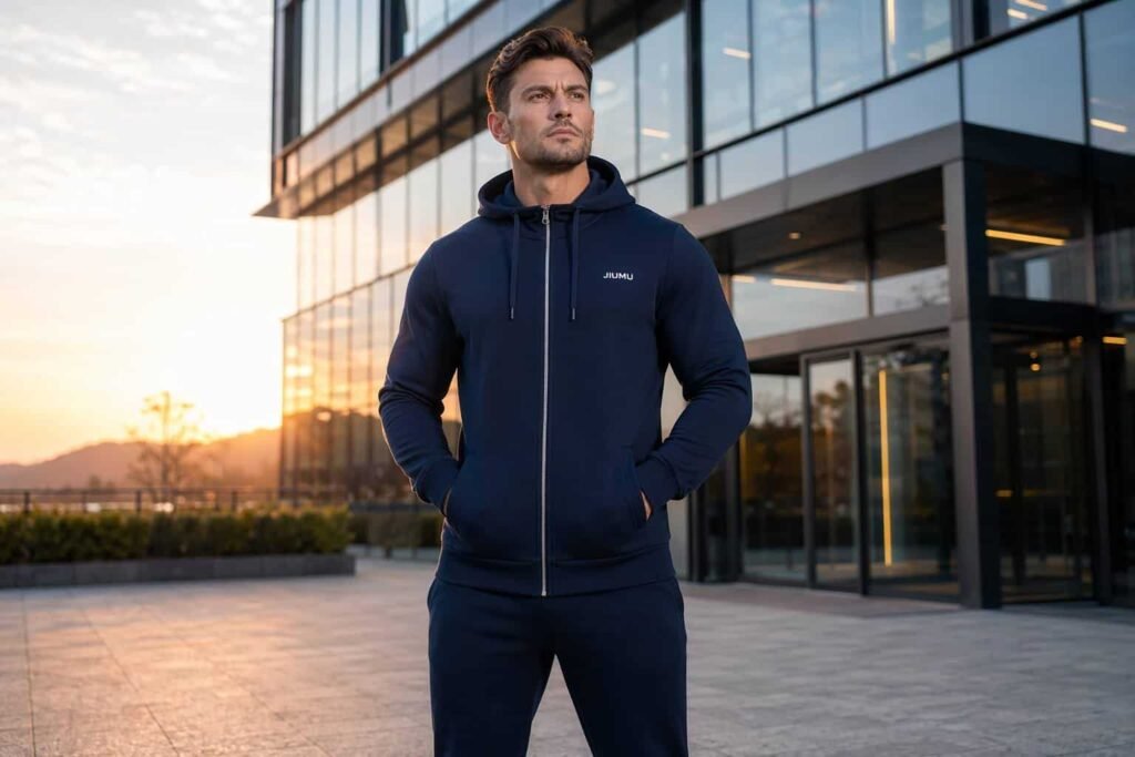 Navy blue custom zip-up hoodie with silver front zipper and side pockets — JIUMU corporate team hoodie, OEM bulk uniform apparel