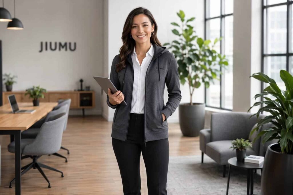 Charcoal gray executive full-zip corporate hoodie — JIUMU women's tailored hoodie with princess seams, invisible zip pockets, bulk OEM