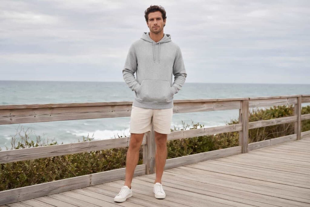 Light gray French terry lightweight 280GSM pullover hoodie — JIUMU breathable transitional hoodie, loopback terry, kangaroo pocket, bulk OEM