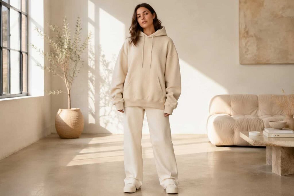 Heathered oatmeal beige oversized pullover hoodie cocoon silhouette — JIUMU cozy minimalist hoodie, dropped shoulders, custom bulk OEM for lifestyle brands