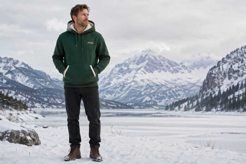 Forest green sherpa-lined heavyweight fleece pullover hoodie — JIUMU extreme cold-weather hoodie with cream sherpa lining, bulk OEM