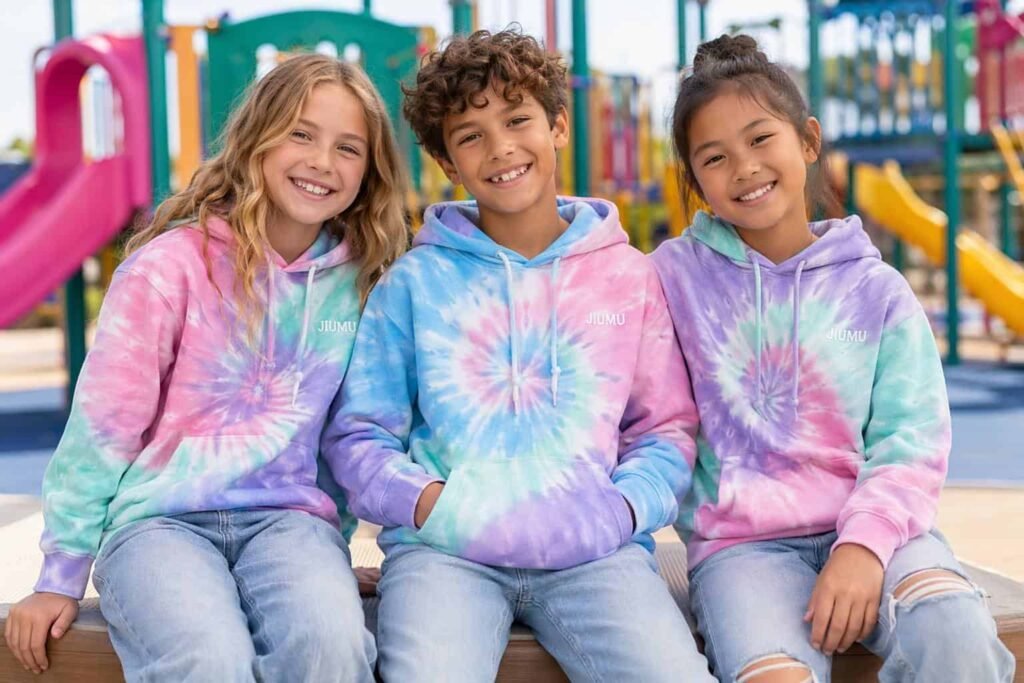 Pastel rainbow tie-dye youth pullover hoodie unique pattern — JIUMU kids creative hoodie, spiral tie-dye, each piece one-of-a-kind, bulk OEM