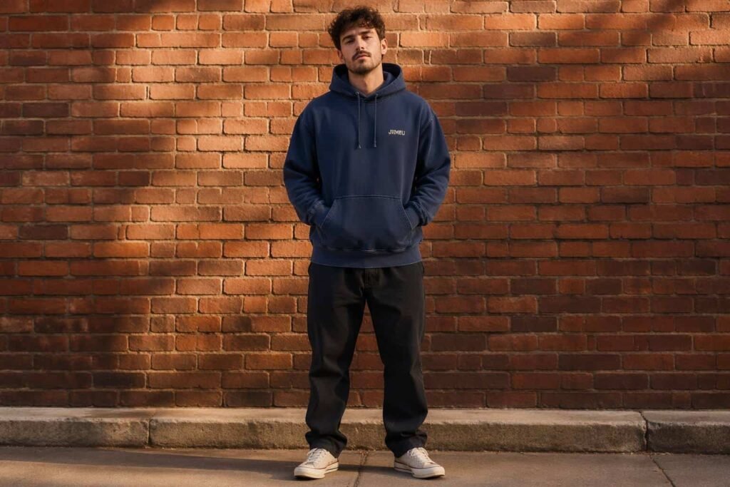 Vintage washed navy blue custom pullover hoodie with garment-dyed fade effect — retro streetwear hoodie with JIUMU logo, kangaroo pocket, ideal for brand merchandise and lifestyle apparel