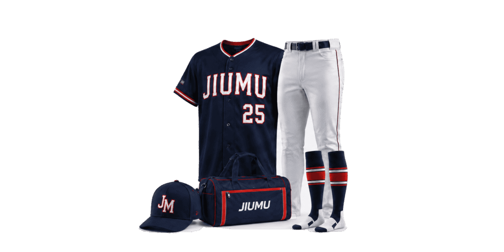 Complete custom baseball uniform package featuring jersey, baseball pants, cap, socks and team duffel bag in matching navy, red and white colors.
