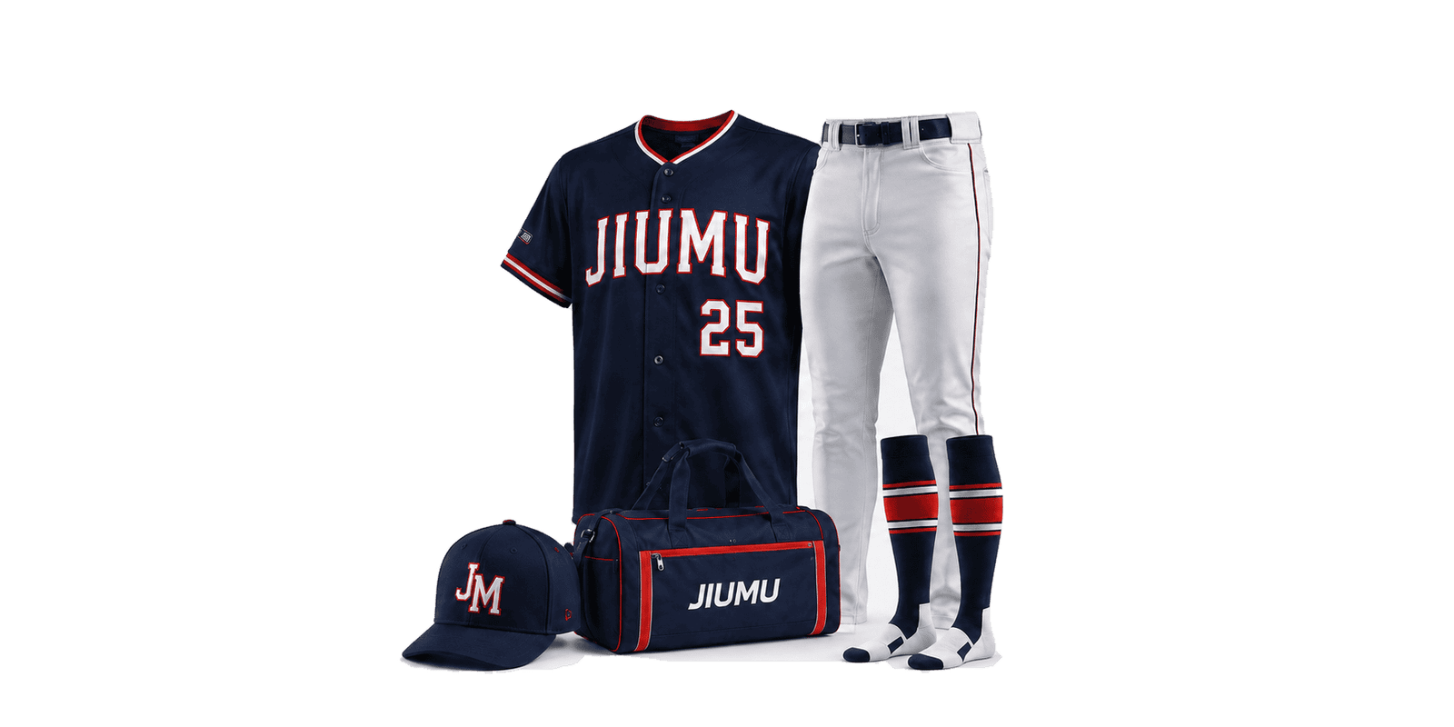 Complete custom baseball uniform package featuring jersey, baseball pants, cap, socks and team duffel bag in matching navy, red and white colors.