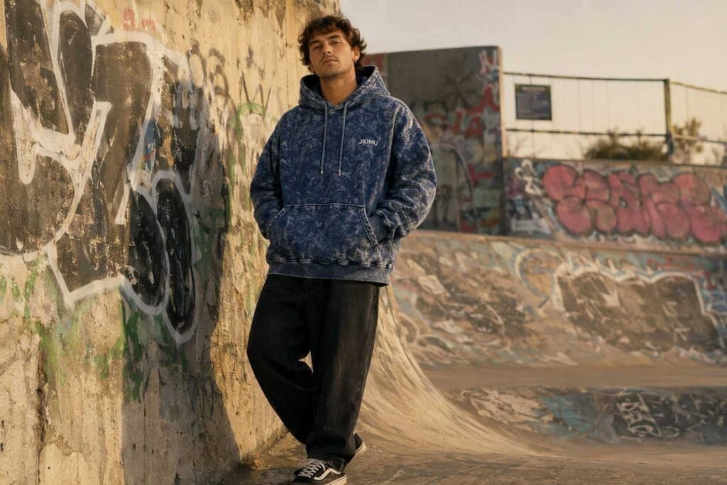 Indigo acid-washed heavyweight 440GSM pullover hoodie with slub texture — JIUMU 90s vintage streetwear hoodie, marbled wash pattern, bulk OEM
