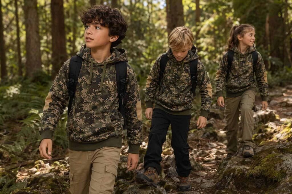 Olive and khaki digital camo youth pullover hoodie with reinforced elbows — JIUMU kids outdoor explorer hoodie, durable construction, bulk OEM