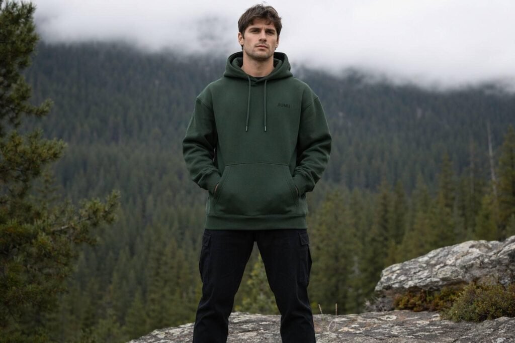 Forest green heavyweight custom pullover hoodie for outdoor and adventure brands — JIUMU logo embroidered, kangaroo pocket, drawstring hood, bulk OEM teamwear