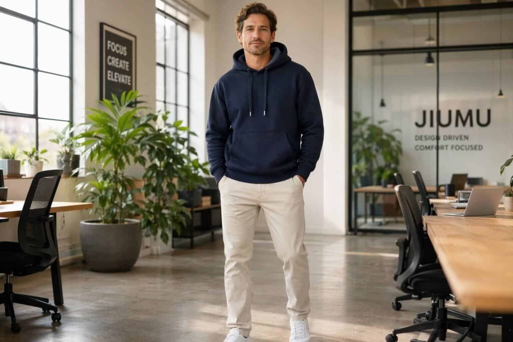 Navy blue French terry loopback fleece pullover hoodie — JIUMU breathable mid-weight hoodie with kangaroo pocket, custom bulk OEM