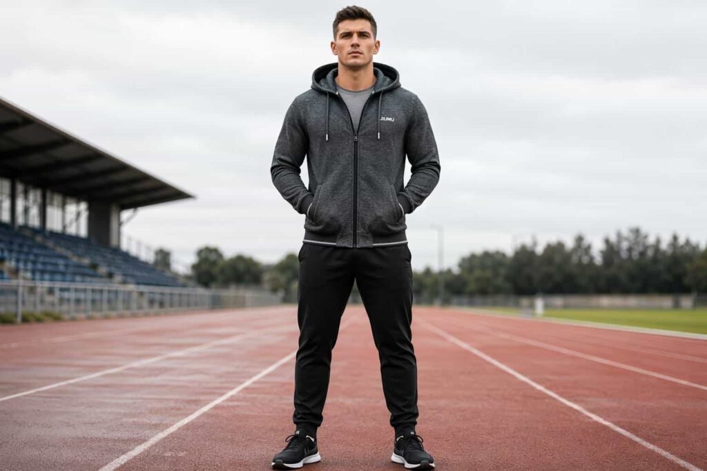 Heathered charcoal zip-up hoodie for sports teams and athletic warm-up — JIUMU logo, full front zipper, side pockets