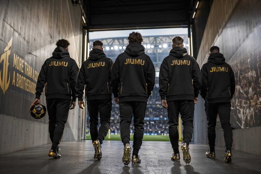 Black and gold match-day pullover team hoodie with back embroidery — JIUMU elite soccer tunnel walk hoodie, oversized fit, bulk OEM