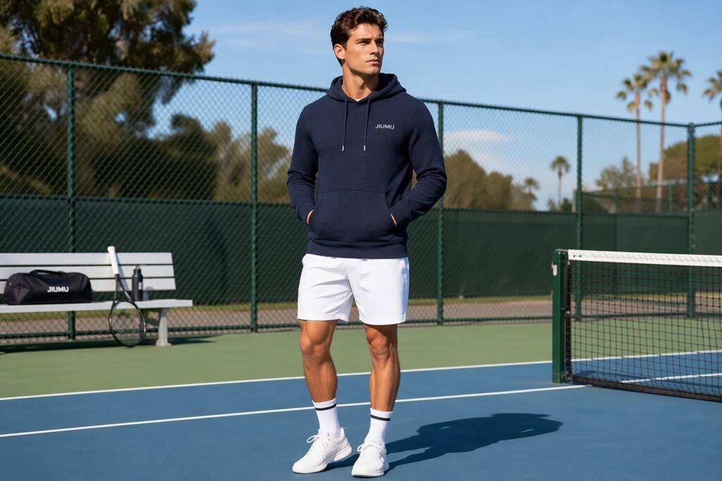 Navy blue pique knit lightweight 260GSM pullover hoodie with waffle texture — JIUMU sport-luxe hoodie, honeycomb pique, bulk OEM for tennis and golf