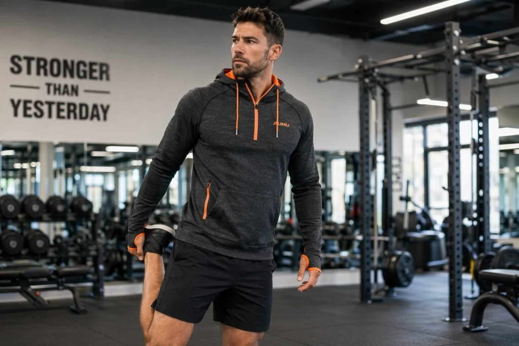 Charcoal and orange quarter-zip performance pullover hoodie — JIUMU versatile training hoodie with double-knit fabric, secure zip pockets, thumbhole cuffs, bulk OEM