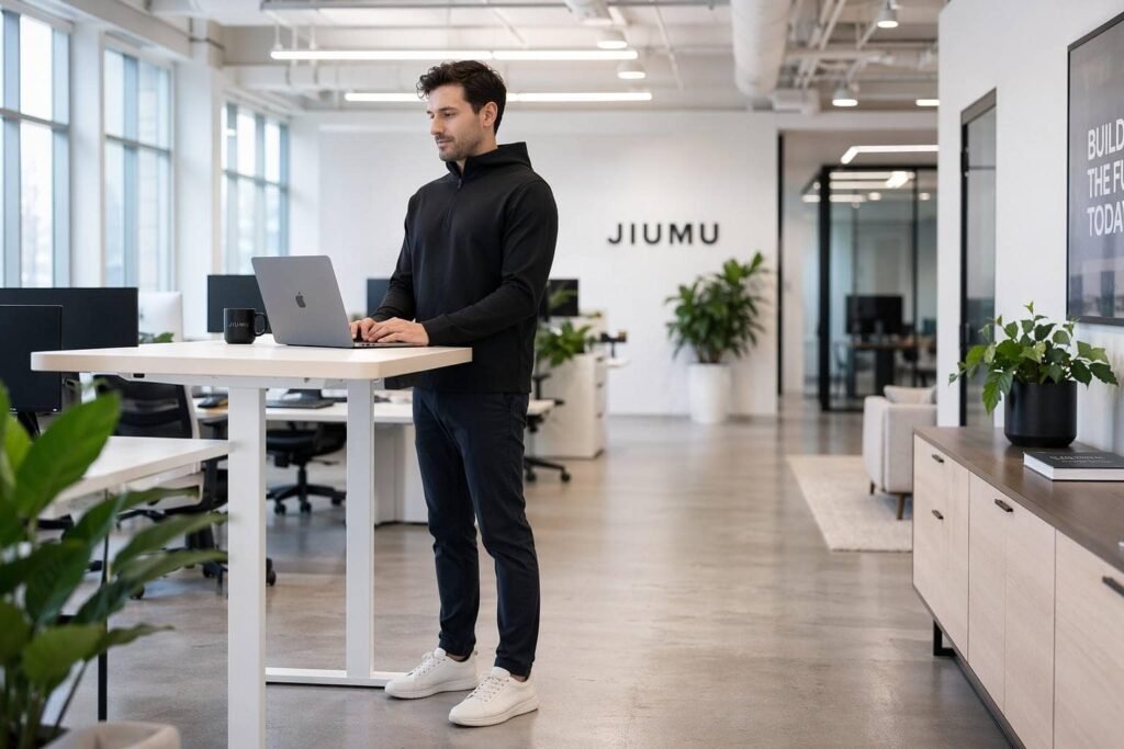 Black Scandinavian minimalist corporate quarter-zip hoodie — JIUMU tech company uniform hoodie, hidden magnetic pocket, seamless scuba hood, bulk OEM