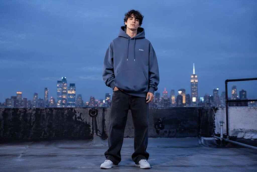 Slate blue gray oversized boxy pullover hoodie — JIUMU urban streetwear hoodie, dropped shoulder silhouette, kangaroo pocket, custom bulk OEM