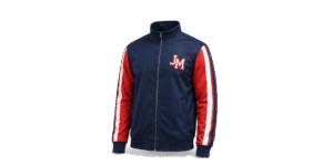 Custom navy team jacket with red sleeves, white stripes, embroidered chest logo and full-zip design for baseball clubs and sports teams.