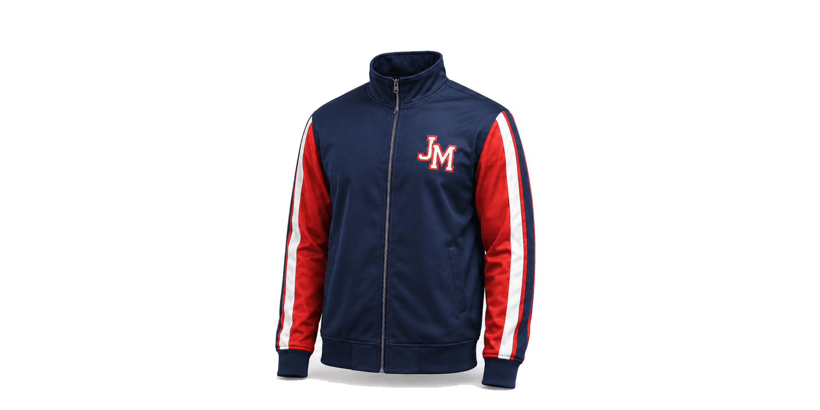 Custom navy team jacket with red sleeves, white stripes, embroidered chest logo and full-zip design for baseball clubs and sports teams.