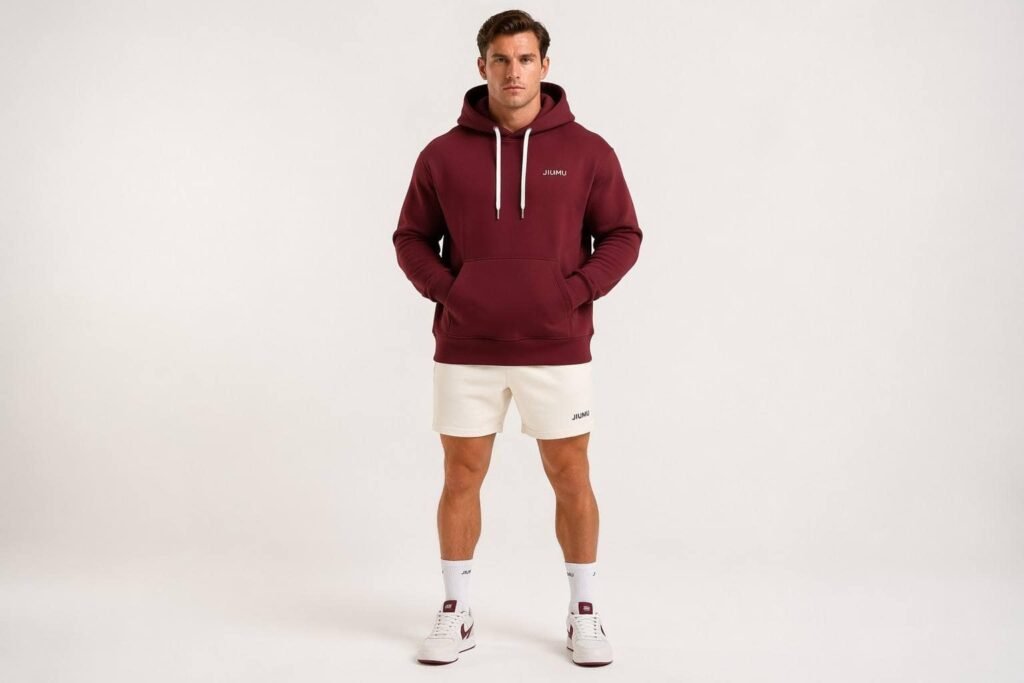 Burgundy maroon custom pullover hoodie with white contrast drawstrings — JIUMU varsity team hoodie with embroidered logo, kangaroo pocket, bulk orders for schools and colleges