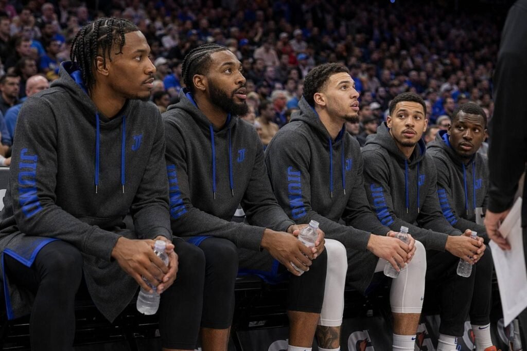Charcoal and blue longline pullover team hoodie with vertical sleeve branding — JIUMU modern basketball courtside hoodie, extended hem