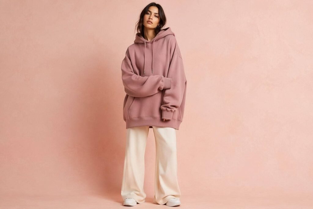 Dusty mauve pink oversized cocoon pullover hoodie with rose gold aglets — JIUMU fashion-forward hoodie, dropped shoulders, bulk OEM for boutique brands