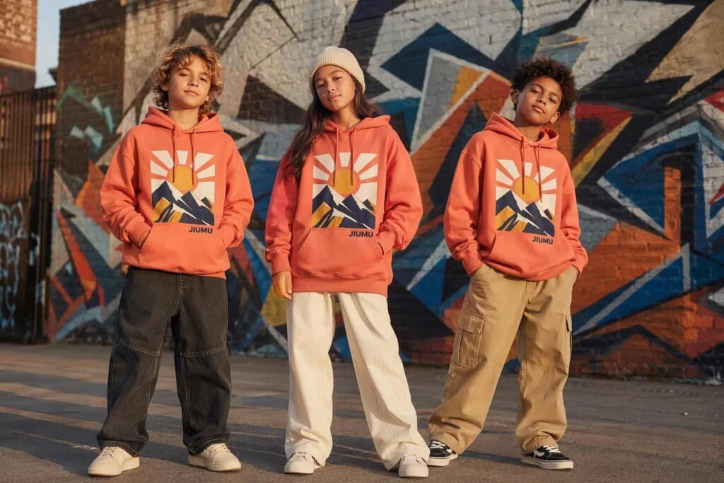 Coral peach graphic print youth pullover hoodie with geometric mountain design — JIUMU trendy kids streetwear hoodie, oversized fit, bulk OEM