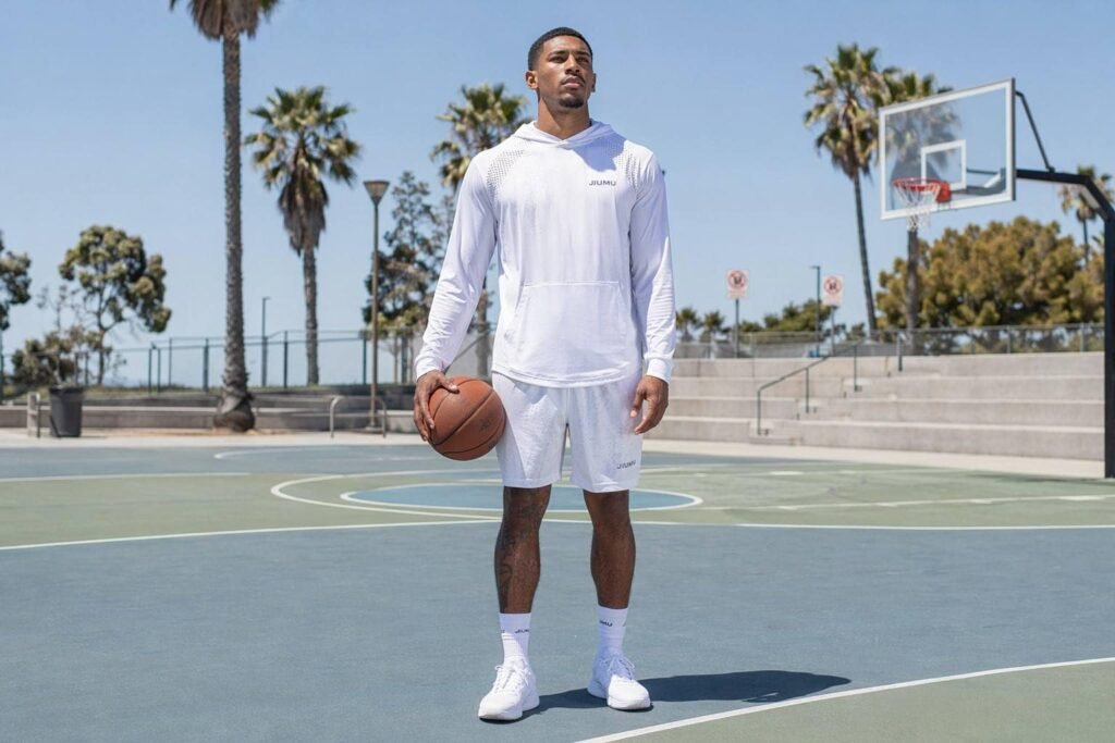 White laser-cut vented ultralight performance pullover hoodie — JIUMU hot-weather training hoodie with geometric ventilation, 160GSM perforated knit, bonded finish, bulk OEM