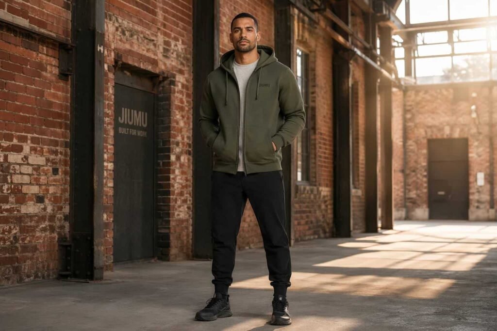 Olive green heavyweight zip-up hoodie with matte black front zipper — JIUMU workwear style uniform hoodie, side pockets