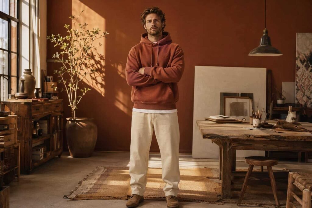 Rust terracotta pigment-dyed heavyweight 430GSM pullover hoodie — JIUMU artisan heritage hoodie with unique color variation, bulk OEM
