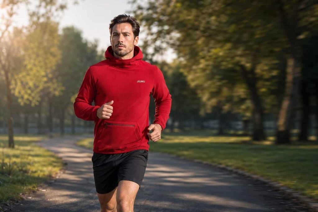 Crimson red polar micro-fleece pullover hoodie performance active — JIUMU lightweight athletic hoodie with zipper pocket, reflective logo