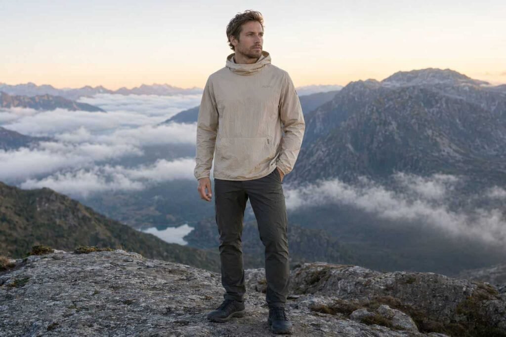 Stone beige tech-blend lightweight 220GSM pullover hoodie packable — JIUMU trail-to-town hoodie, nylon-cotton crinkle fabric, zipper pocket, scuba hood, bulk OEM