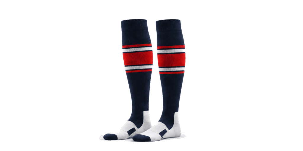 Custom navy baseball socks with red and white team stripes, reinforced foot panels and knee-high athletic design for baseball teams.