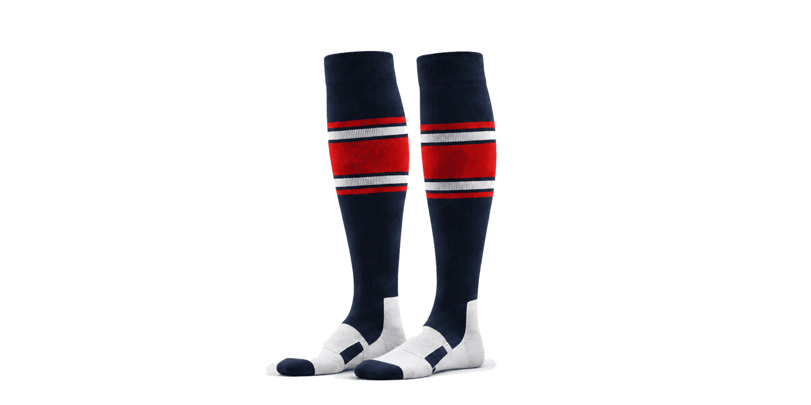 Custom navy baseball socks with red and white team stripes, reinforced foot panels and knee-high athletic design for baseball teams.