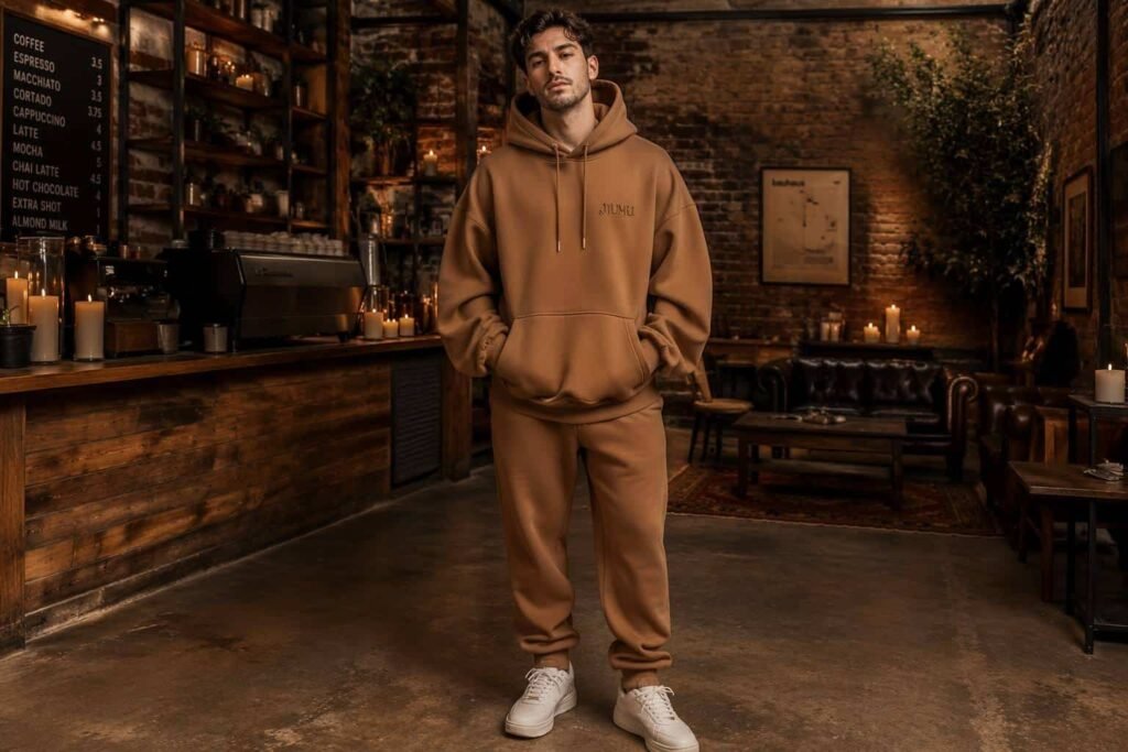 Camel brown oversized heavyweight pullover hoodie with gold-tone aglets — JIUMU premium lounge hoodie, dropped shoulders, kangaroo pocket, custom bulk OEM