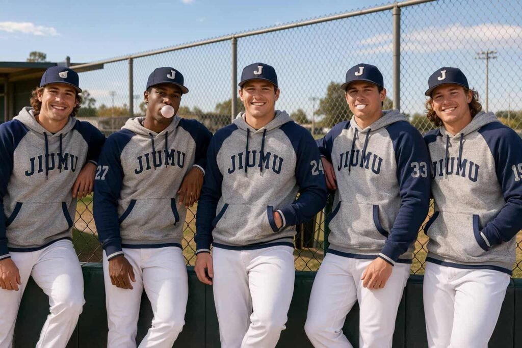 Navy and gray raglan-sleeve pullover team hoodie with arched chest embroidery — JIUMU baseball dugout hoodie, raglan construction