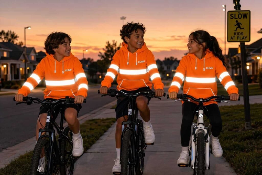 Neon orange reflective safety youth pullover hoodie — JIUMU high-visibility kids hoodie with reflective bands, lightweight breathable fleece, bulk OEM
