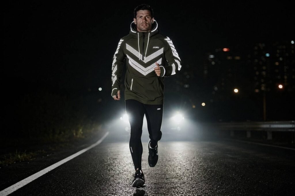 Dark olive reflective-tech performance pullover hoodie — JIUMU night running hoodie with all-over reflective chevron print, water-resistant shell, 360° visibility, bulk OEM
