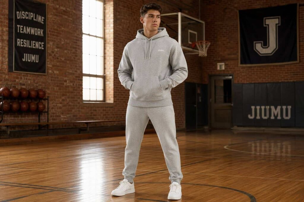 Heather gray reverse weave heavyweight 450GSM pullover hoodie with side panel gussets — JIUMU collegiate heritage hoodie, cross-grain cut, bulk OEM
